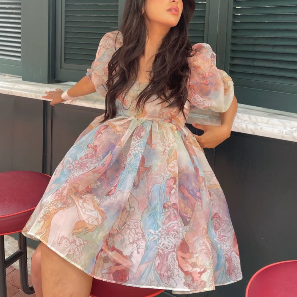 BEST Selkie The Mucha Puff Mini Dress Angel Print Party Cocktail Spring - Picture 5 of 13